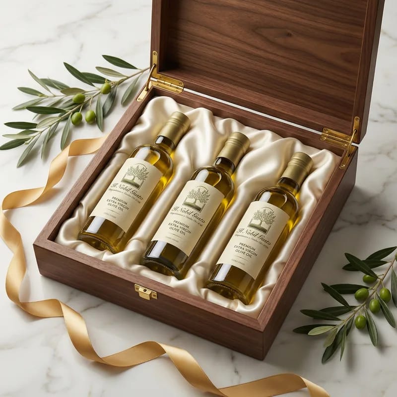 Three bottles of extra virgin olive oil in a wooden gift box lined with satin, with olive branches and a gold ribbon on a marble surface.