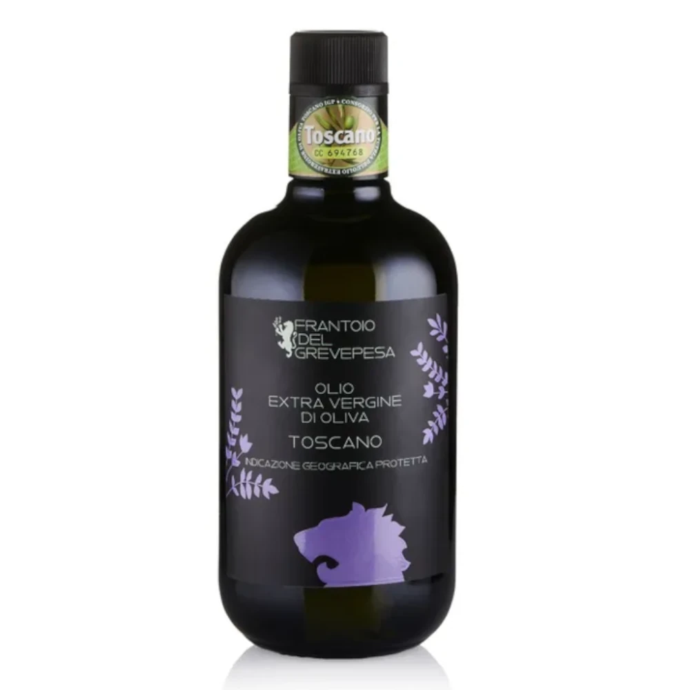 A bottle of Frantoio del Grevepesa Toscano extra virgin olive oil with a black label and purple accents, featuring a wolf silhouette and green certification seal.
