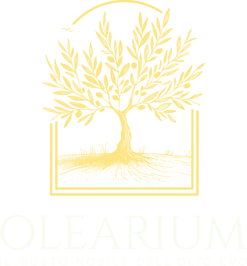 A yellow line drawing of an olive tree with olives inside a rectangular frame. The word "OLEARIUM" is faintly visible below the illustration.