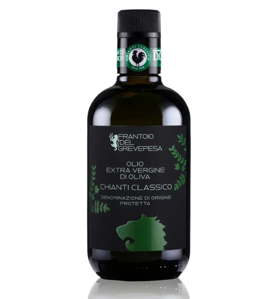 A dark glass bottle of Frantoio del Grevepesa Chianti Classico extra virgin olive oil with a black label featuring green text and a lion silhouette.
